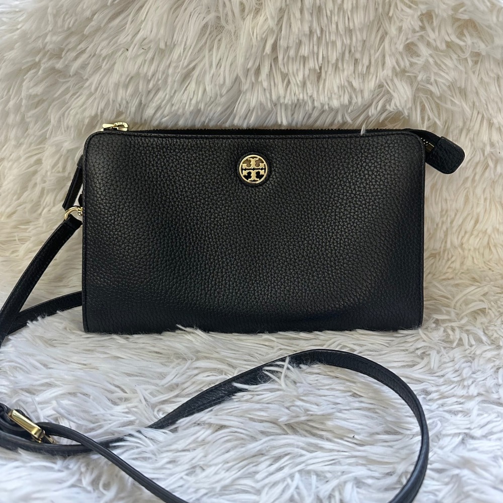Tory Burch Black Pebbled Leather Logo Slim Zip Crossbody Clutch Bag